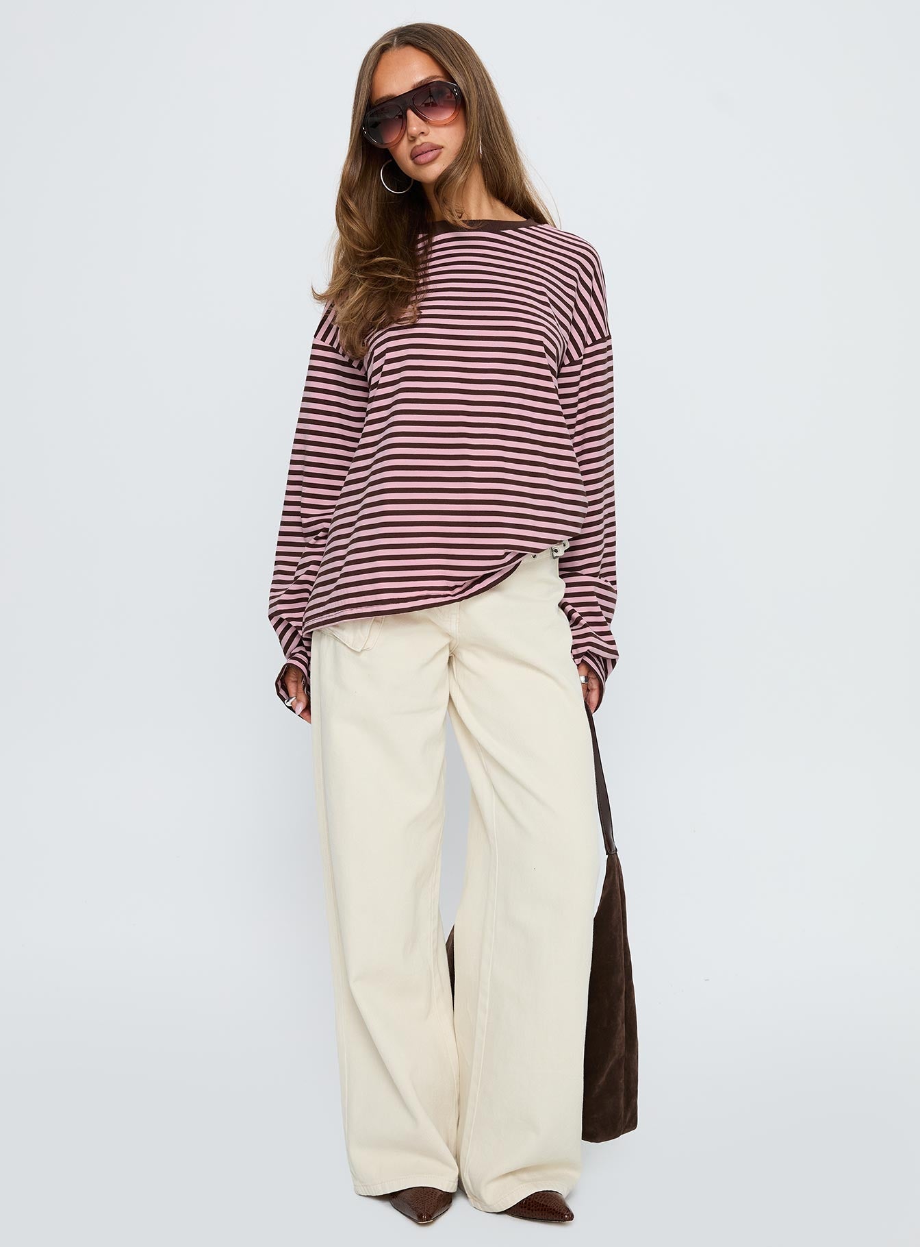 Settle Down Long Sleeve Top Pink / Brown Stripe