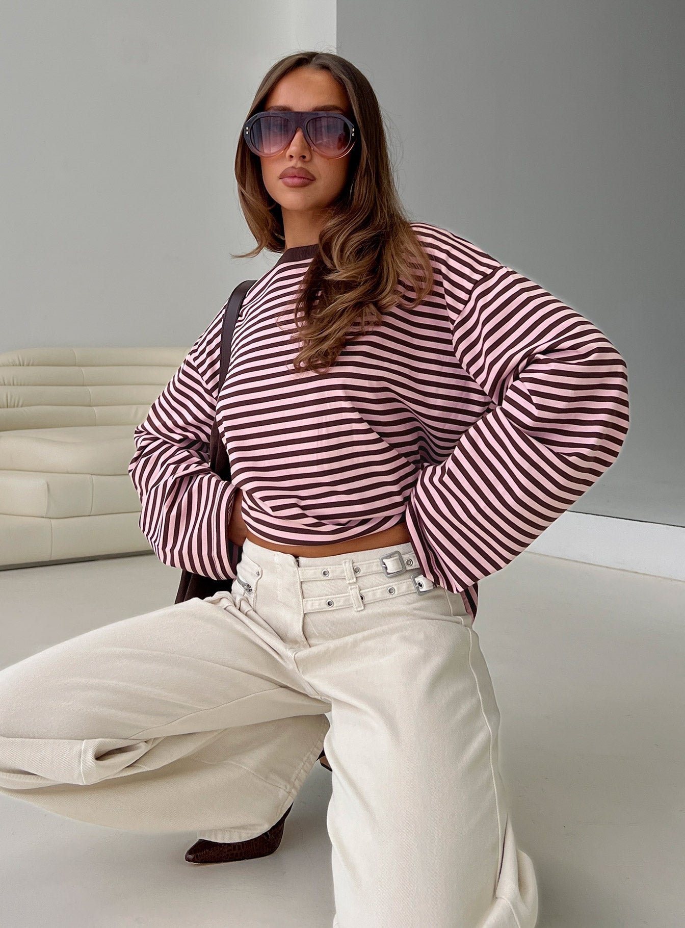 Settle Down Long Sleeve Top Pink / Brown Stripe