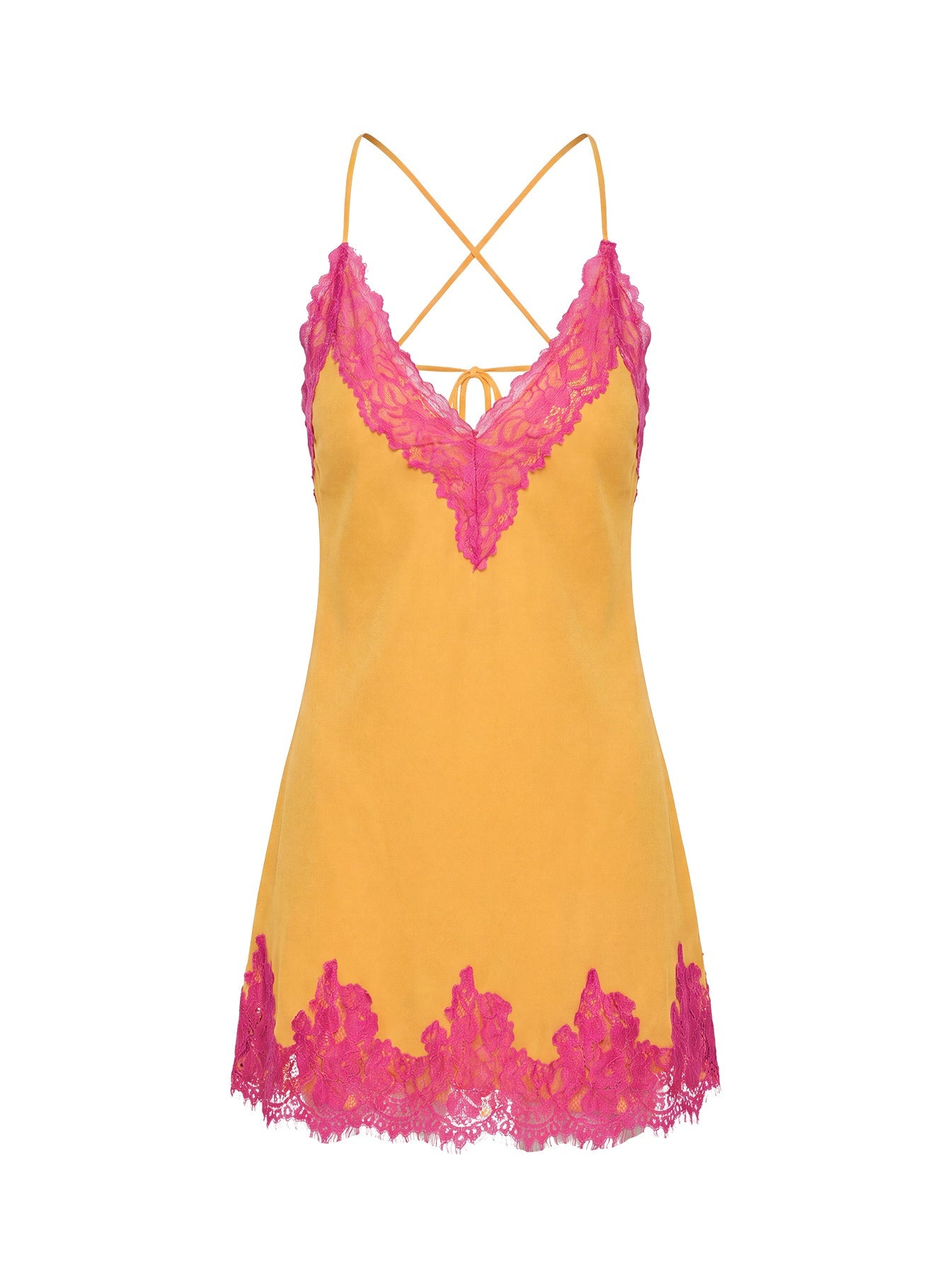 Call My Lover Lace Slip Mini Dress Gold / Fuchsia